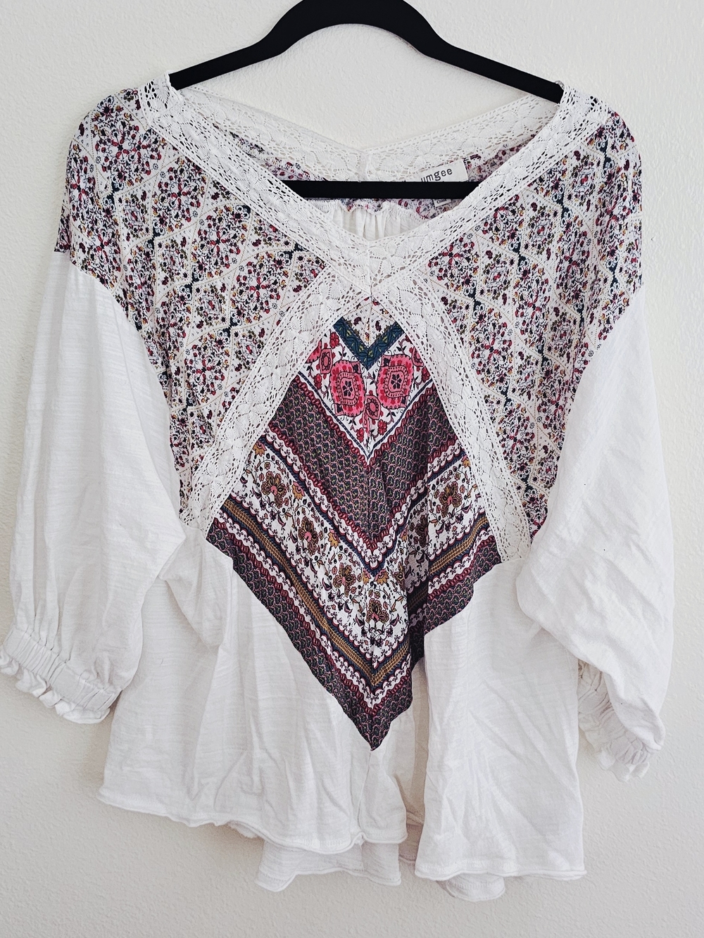 Umgee White Boho Peasant Tunic with Pink and Burgundy Print